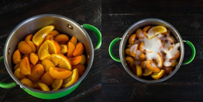 kayısı ve portakal reçeli: meyve, şeker dökün