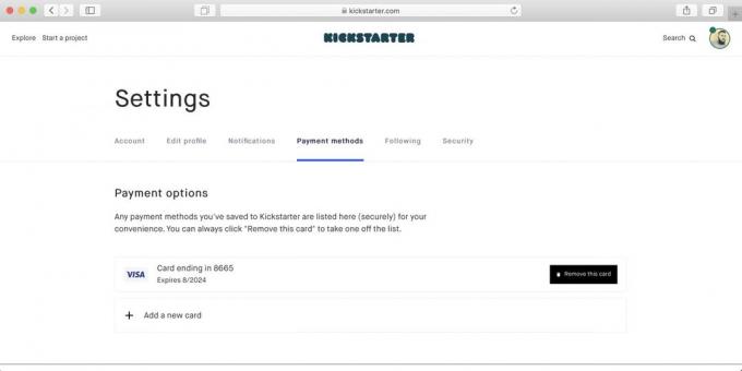 Kickstarter üzerinde nasıl satın alınır: sonra kart mevcut ödeme yöntemleri listesinde görünecektir