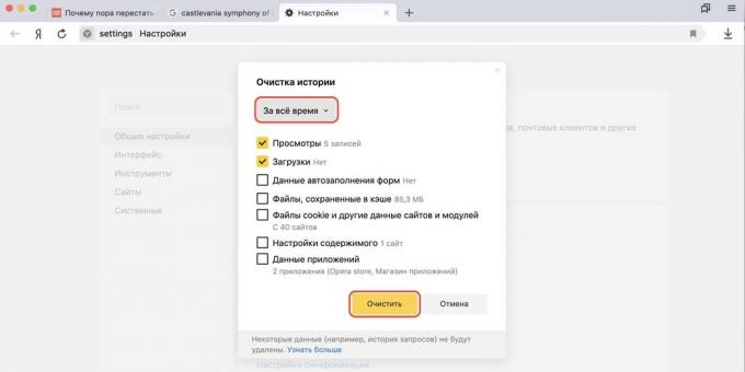 Yandex içinde tarayıcı geçmişini temizlemeyi