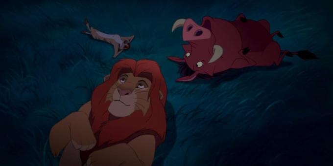 Karikatür "Aslan Kral": Simba, Timon ve Pumbaa gece gökyüzünün altında olan ve yıldızların doğası hakkında düşünmek
