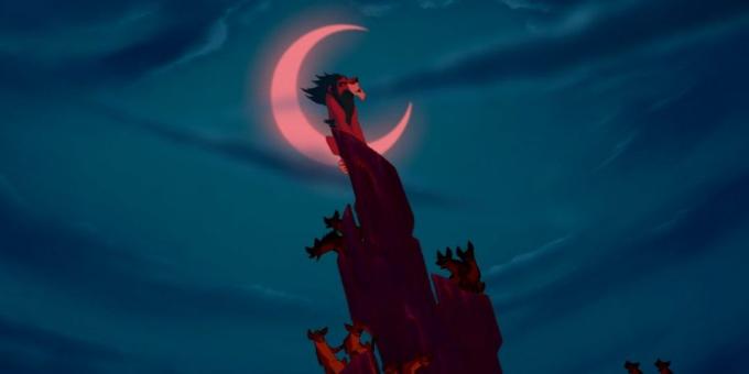 Karikatür "Aslan Kral": gece gökyüzünde yarım ay ışıltılı içinde Hazırlanan Skar rakam son müzikal sayısında Hemen uyum olun