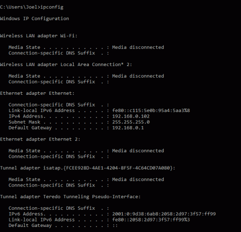 konsol komutları: ipconfig