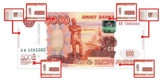 sahte para: 5000 ruble dokunuşa görülebilir özgünlük özellikleri,