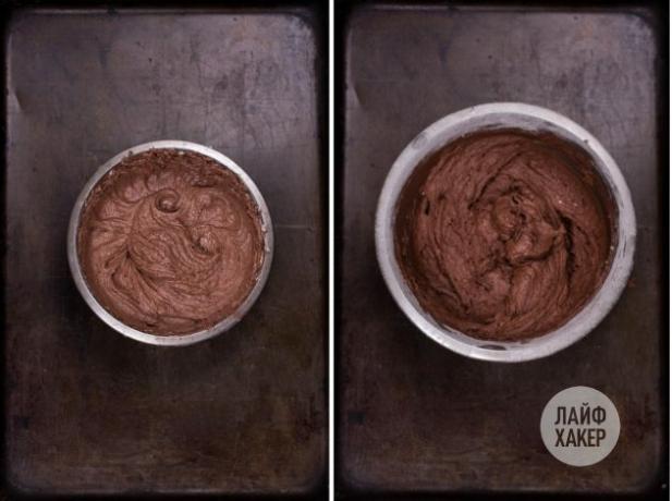Fondan çikolata dolgulu kurabiye yapmak için tereyağına kakao ve yumurta ekleyin, çırpın ve tereyağı karışımını un ile karıştırın.