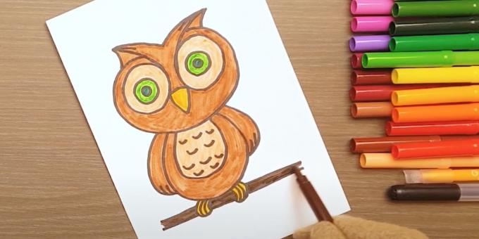 Bir baykuş nasıl çizilir: gözleri, bacakları ve bir dalı boyayın
