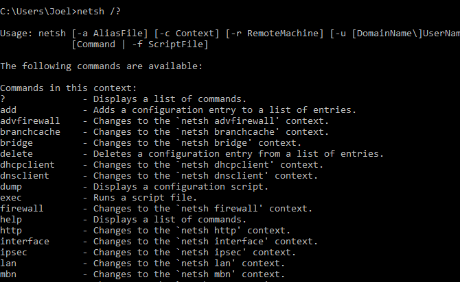 Konsol komut: netsh yardım