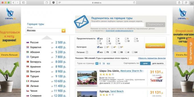 Ucuz gezileri Sletat.ru üzerinden aranabilir