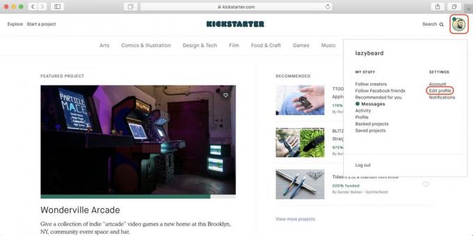 Kickstarter üzerinde nasıl satın alınır: o profil simgesini tıklayın ve - Profili düzenle bağlantısını