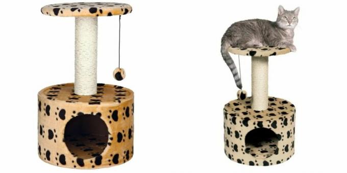 Kediler için evler: oyuncak ve tırmalama direği ile