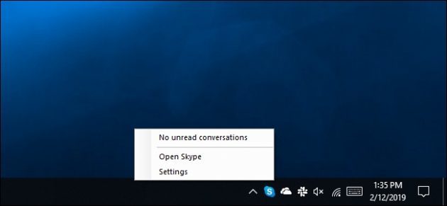 Skype UWP programı Skype çıkın" menüsünü öngörmemektedir»