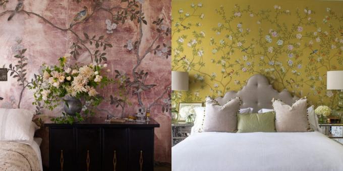 yatak odası için duvar kağıdı üzerine Kaprisli çiçek motifleri