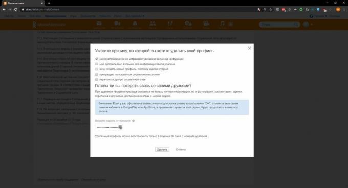 Odnoklassniki'de bir profil nasıl silinir: Sil'e tıklayın