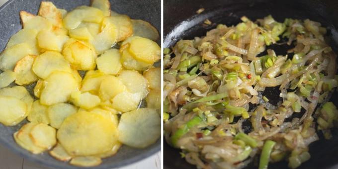 Patates omlet: soğan ve patatesleri kızartın