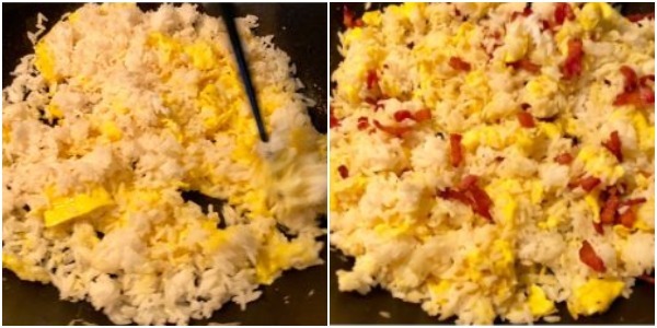 Nasıl yumurta ile kızarmış pilav pişirmek için: pirinç ısıtılmış olduğunda, pastırma, tuz ve soya sosunu ekleyin ve iyice karıştırın