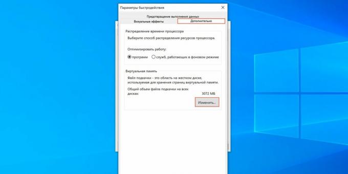 Windows 10 disk belleği dosyası nasıl özelleştirilir: "Değiştir ..." düğmesini tıklayın