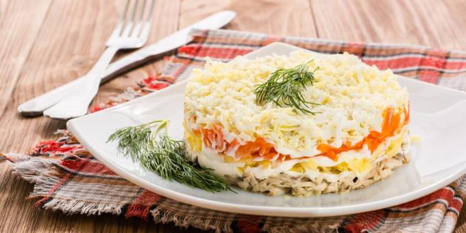 patates ve havuç ile klasik salata "Mimoza": kolay yemek tarifi