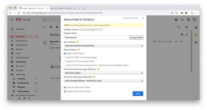 Dropbox'a indirme dosyalarına yolları: Dropbox'a kaydet e-postalar ile tüm mektubu kopya