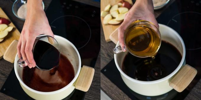 Bir sıcak şarap nasıl pişirilir: Bir tencerede, kırmızı şarap ve elma suyu dökün