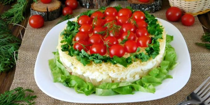 Füme tavuk ve çeri domatesli katmanlı salata