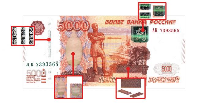 sahte para: görünür özgünlük özellikleri ne zaman 5000 ruble de bakış açısı