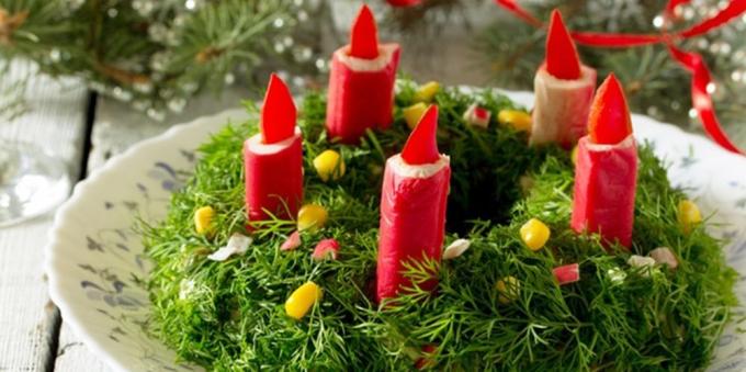 Noel salatalar: yengeç sopa "Noel çelenk" ile Salata