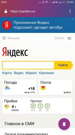 Firefox Odak: "Yandex" arama