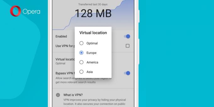 Dahili VPN Opera beta ile Android cihazlar için: bölge seçimi