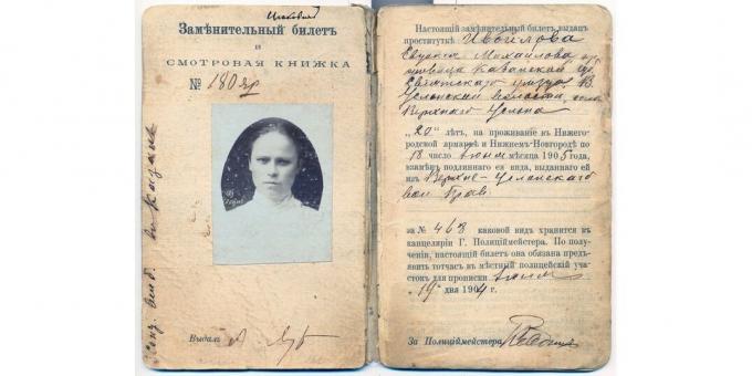 Rus İmparatorluğu Tarihi: 1904-1905 için Nizhny Novgorod fuarında çalışma hakkı için bir fahişe sertifikası.