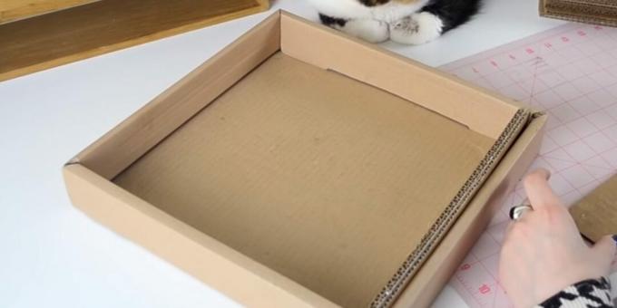 DIY kedi tırmalama direği: yapıştırılmış şeritleri kutuya yerleştirin