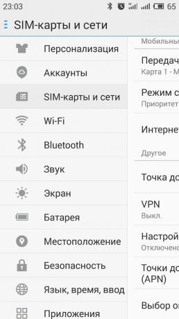 Nasıl Android akıllı telefon ile internete dağıtmak için: «SIM kartı ve ağ" bölümünü açın