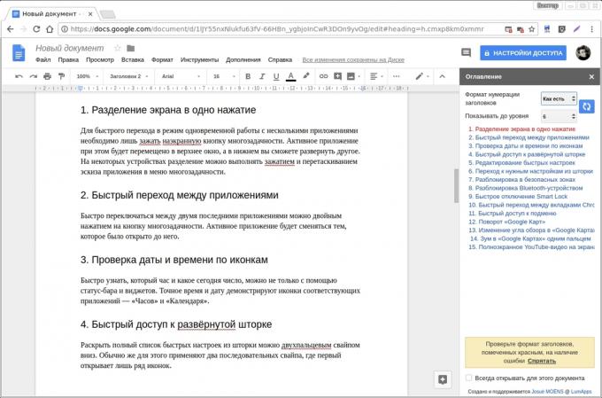 Google Dokümanlar eklentileri: İçindekiler