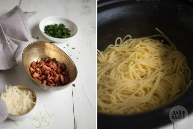 Carbonara makarna nasıl yapılır: pastırma sote ve spagetti kaynatın