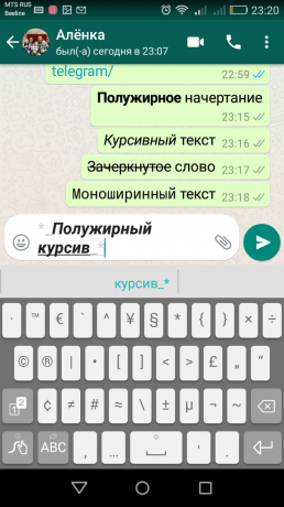 WhatsApp mesajları: Kalın İtalik